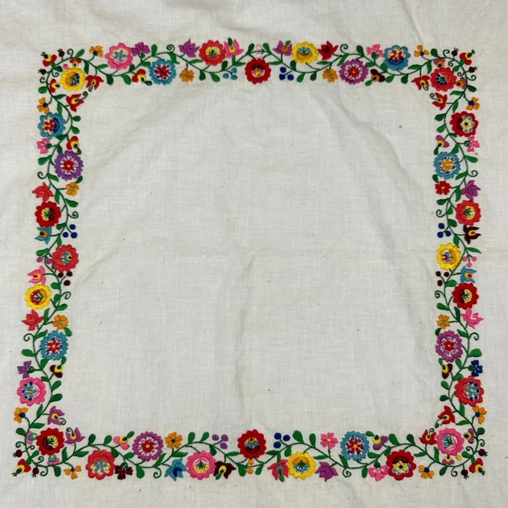 Vintage Embroidered Floral White Linen Square Tablecloth Red Scalloped Edge